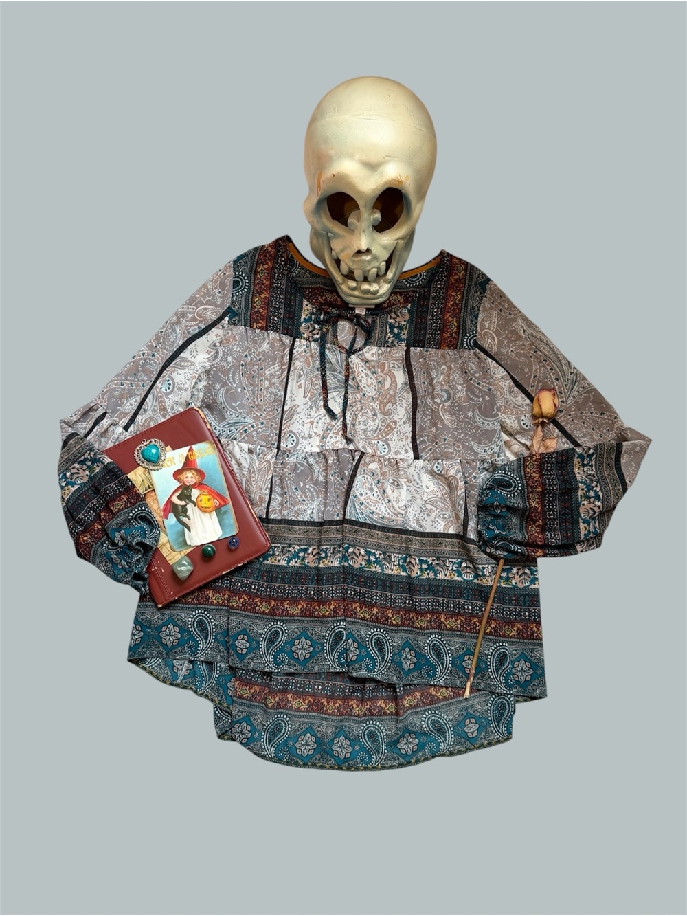 Knox Rose Teal and Cream Paisley print boho Tunic blouse - Picture 16 of 17